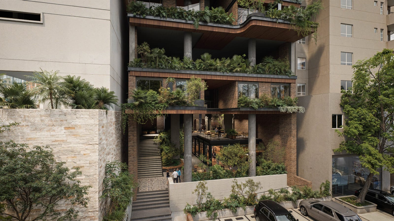 Fachada verde del edificio con terrazas ajardinadas